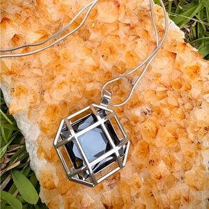 Silver Cage Pendant Necklace with Black Stone